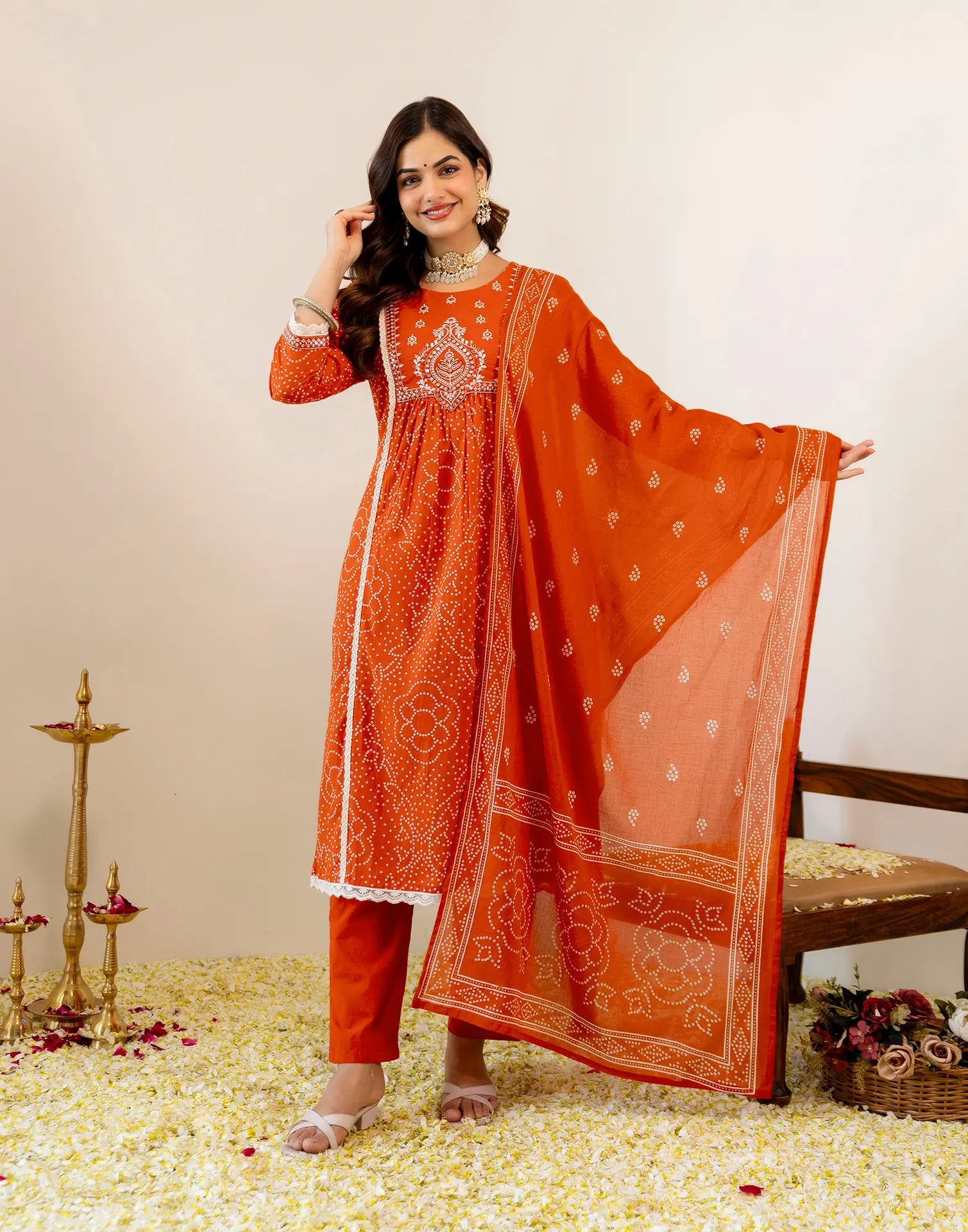 Skylee Viscose Bandhani Straight 3 Piece Kurta Set For Woman