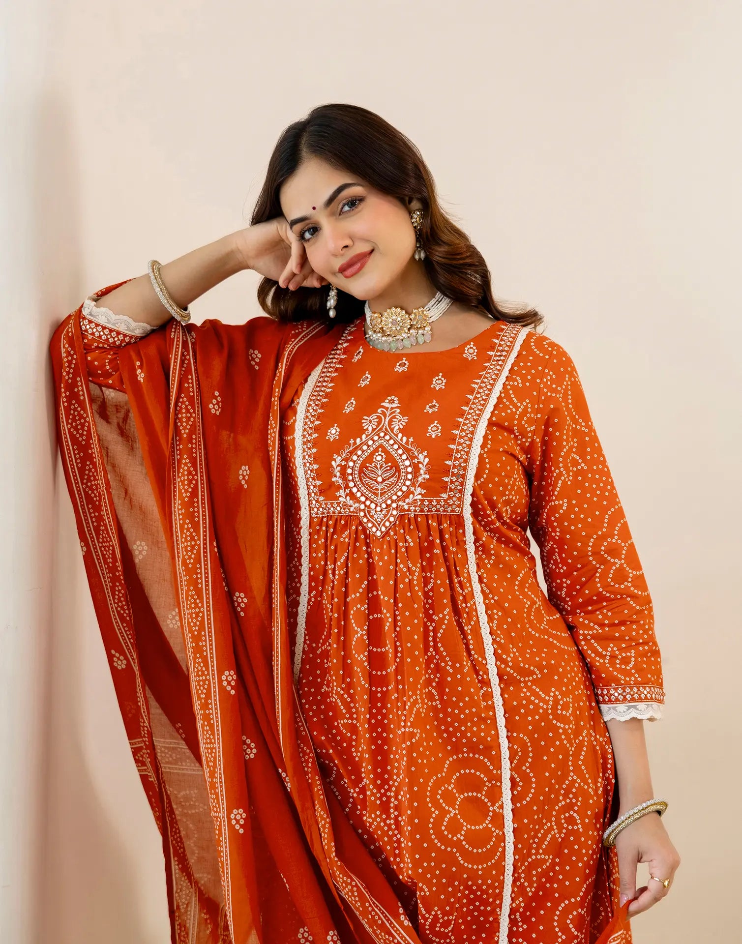 Skylee Viscose Bandhani Straight 3 Piece Kurta Set For Woman