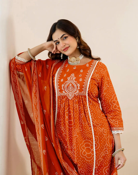 Persimmon Orange Round Neck Embellished A-Line 3 Piece Kurta Set With Dupatta
