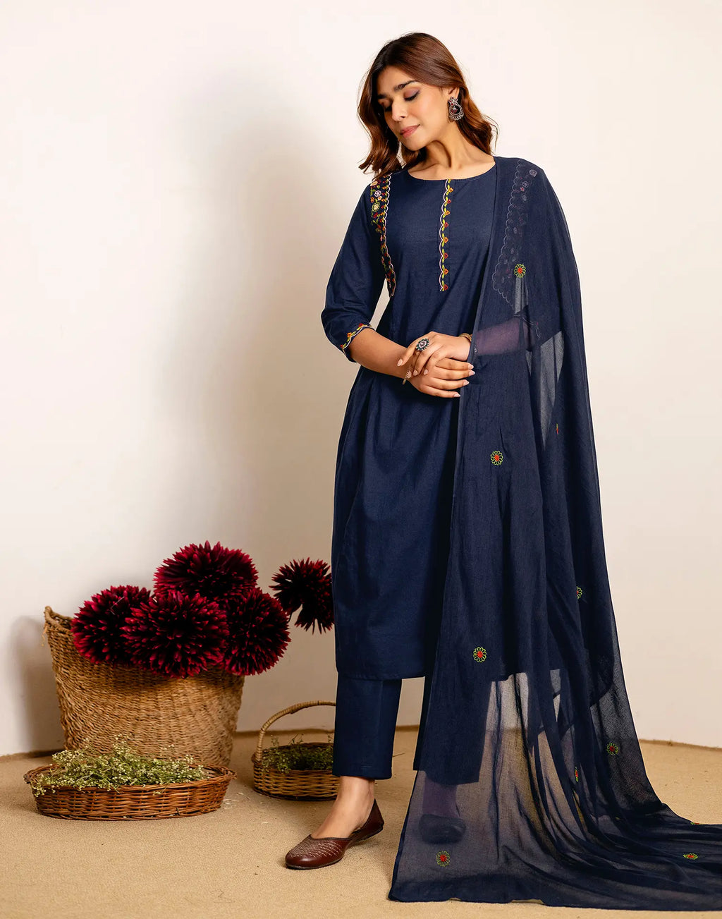 Skylee Cotton Embroidered Straight 3 Piece Kurta Set For Woman
