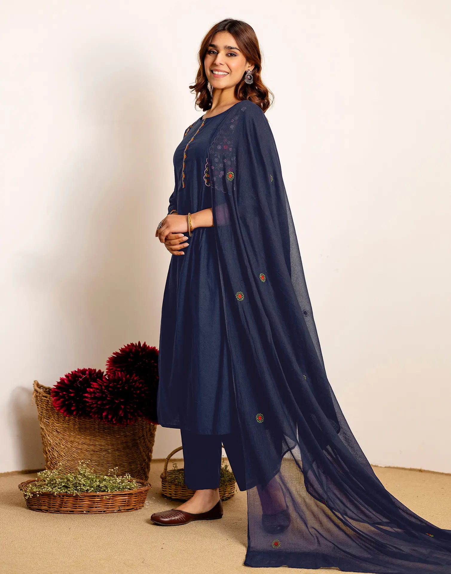 Skylee Cotton Embroidered Straight 3 Piece Kurta Set For Woman