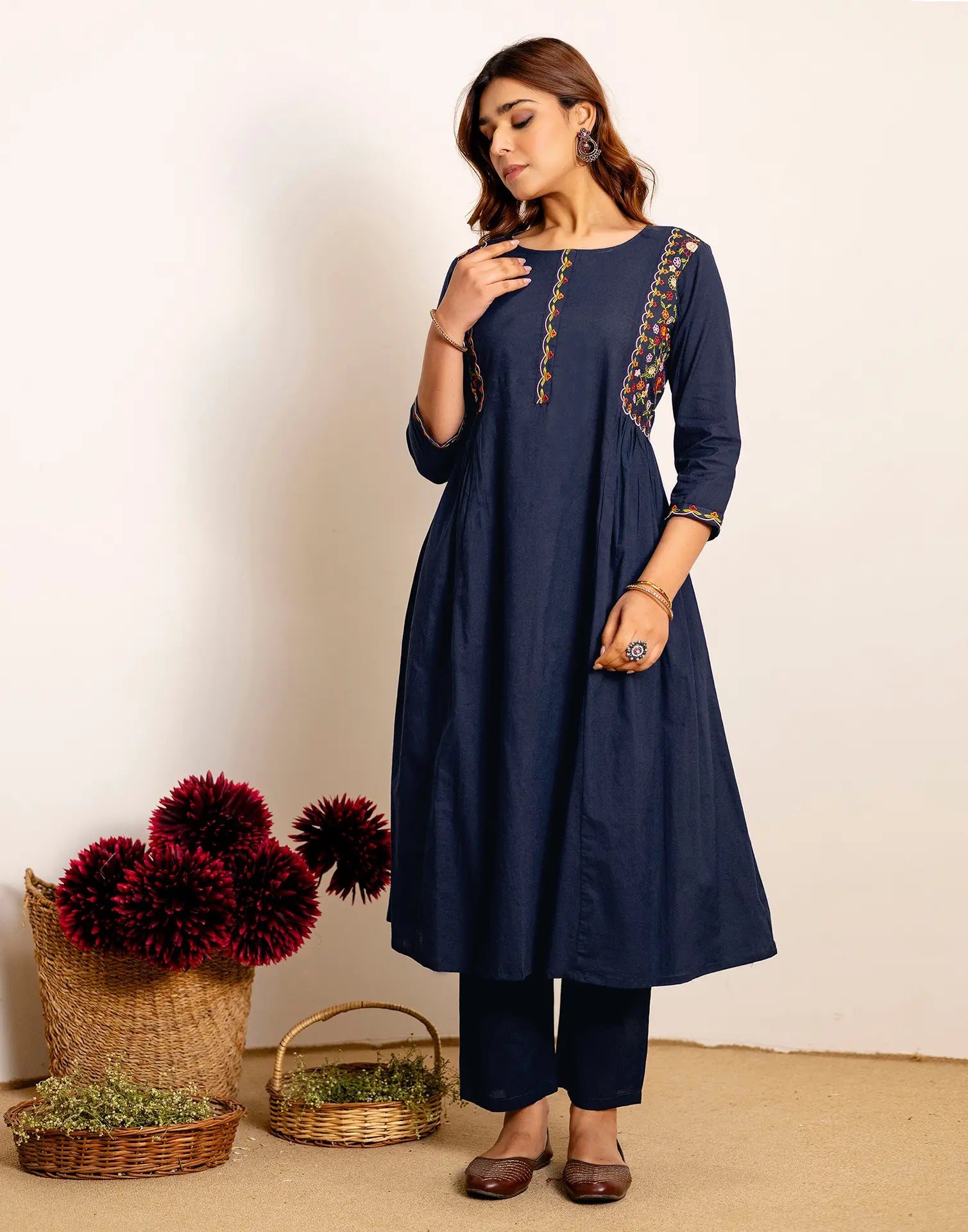 Skylee Cotton Embroidered Straight 3 Piece Kurta Set For Woman