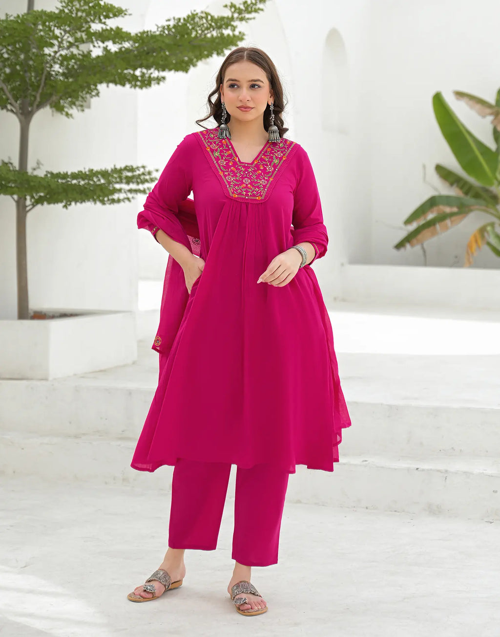Magenta Pink Glass Neck Embroidered A-Line 3 Piece Kurta Set with Dupatta