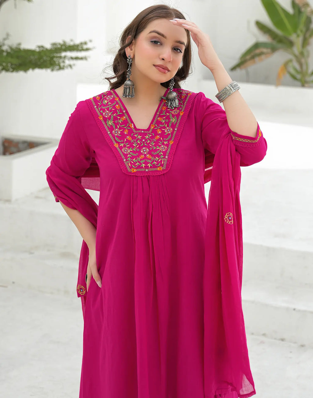 Magenta Pink Glass Neck Embroidered A-Line 3 Piece Kurta Set with Dupatta