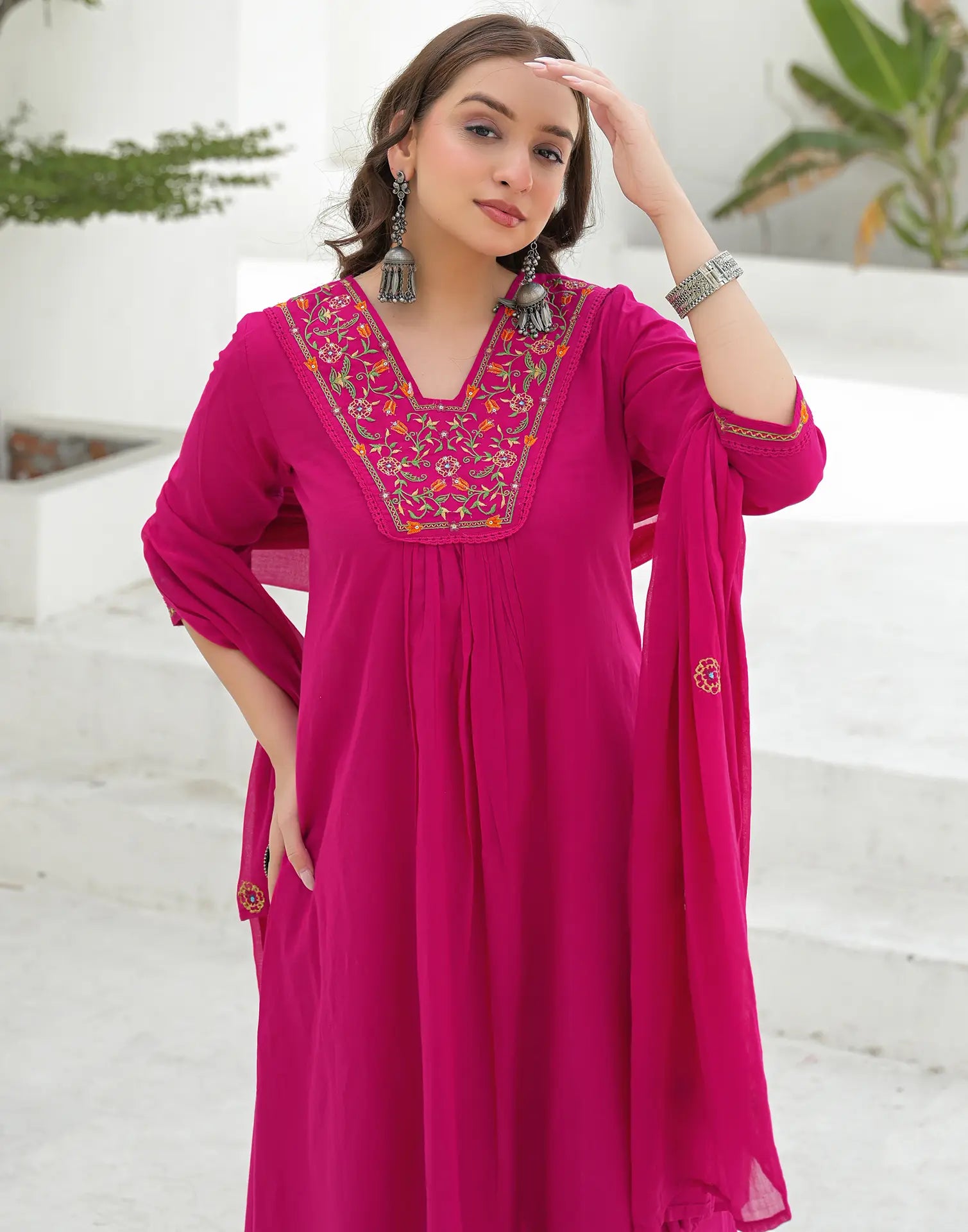 Magenta Pink Glass Neck Embroidered A-Line 3 Piece Kurta Set with Dupatta