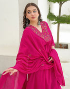 Magenta Pink Glass Neck Embroidered A-Line 3 Piece Kurta Set with Dupatta