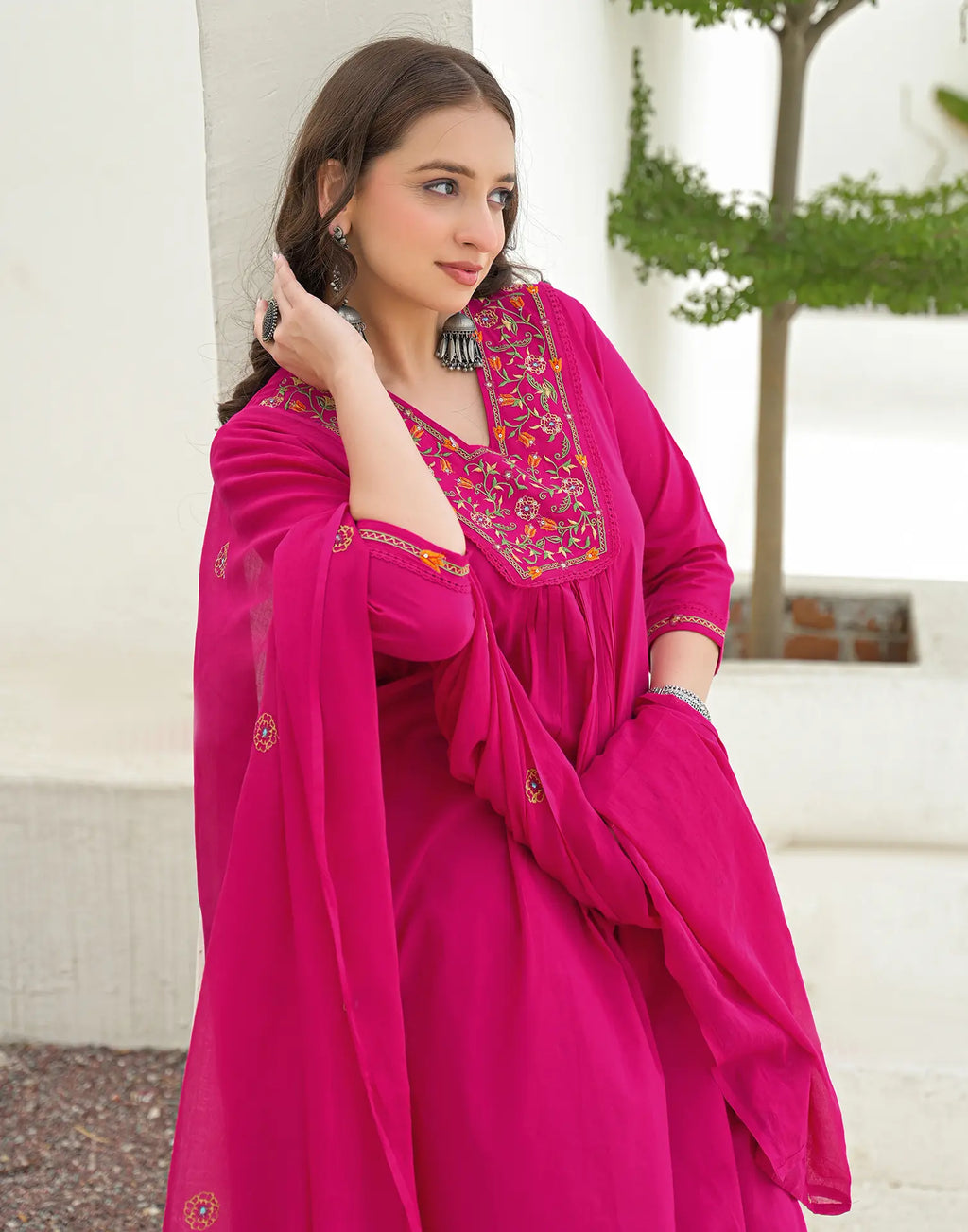 Magenta Pink Glass Neck Embroidered A-Line 3 Piece Kurta Set with Dupatta