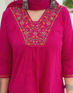 Magenta Pink Glass Neck Embroidered A-Line 3 Piece Kurta Set with Dupatta
