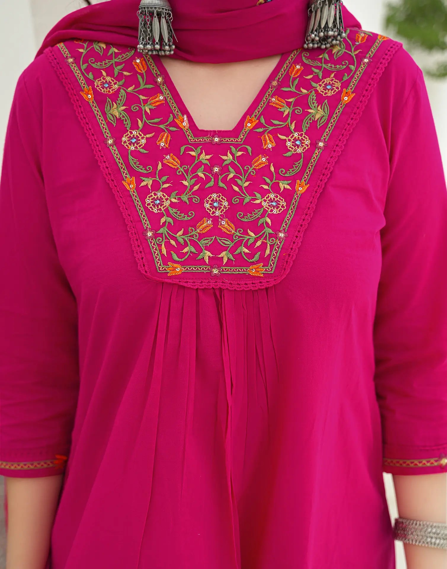 Magenta Pink Glass Neck Embroidered A-Line 3 Piece Kurta Set with Dupatta