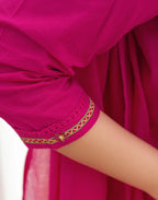 Magenta Pink Glass Neck Embroidered A-Line 3 Piece Kurta Set with Dupatta