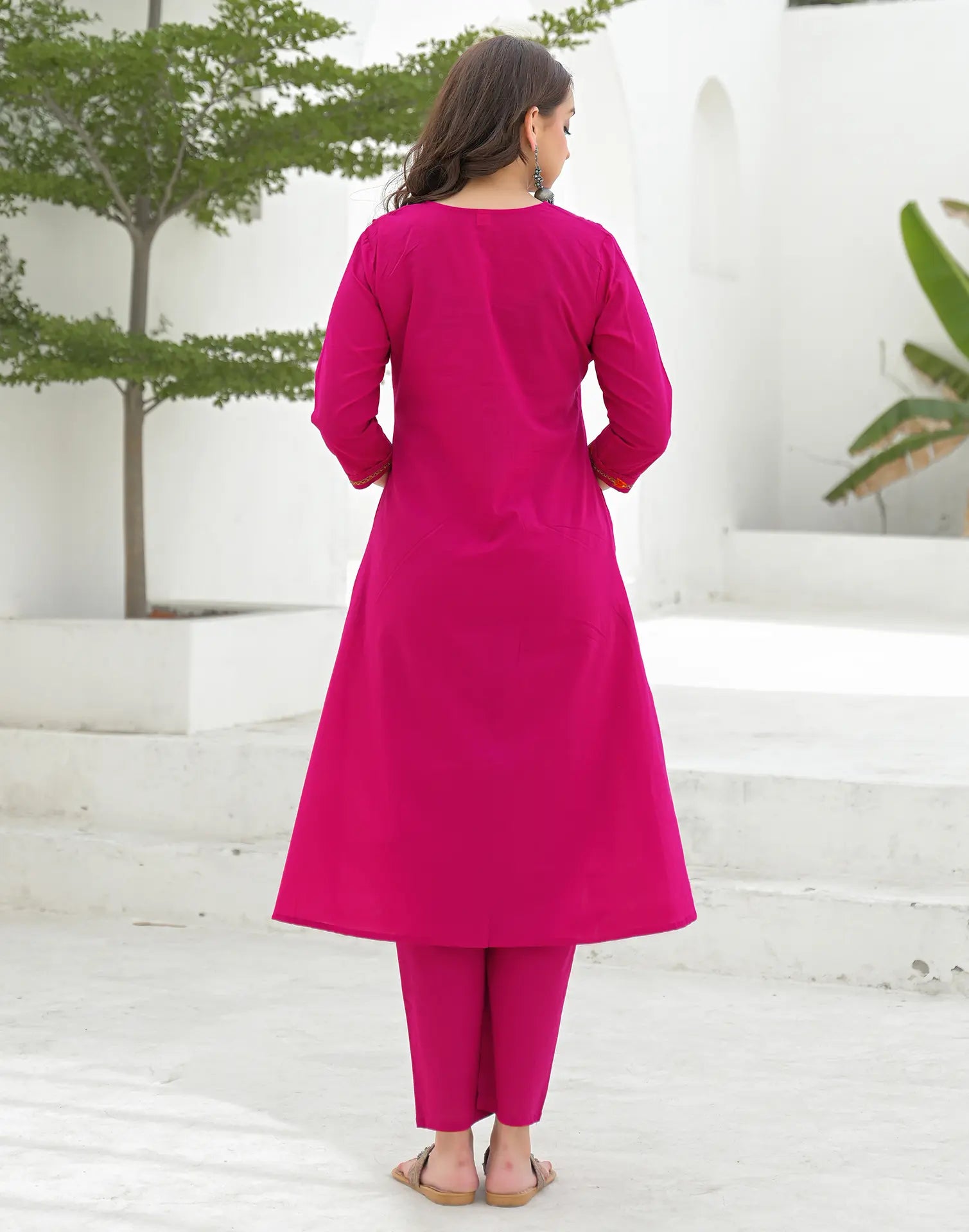 Magenta Pink Glass Neck Embroidered A-Line 3 Piece Kurta Set with Dupatta