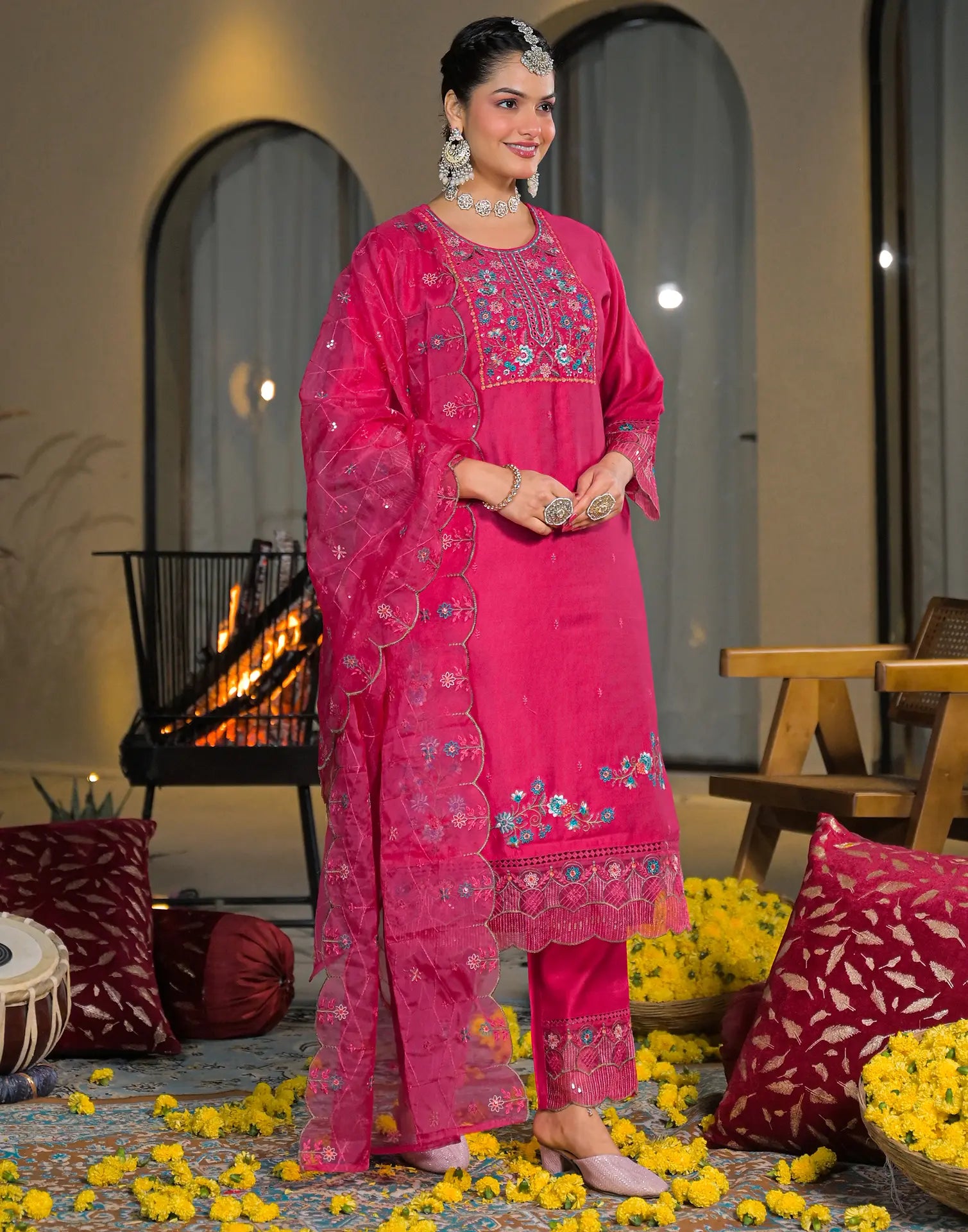 Skylee Chiffon Embroidered Straight 3 Piece Kurta Set For Woman