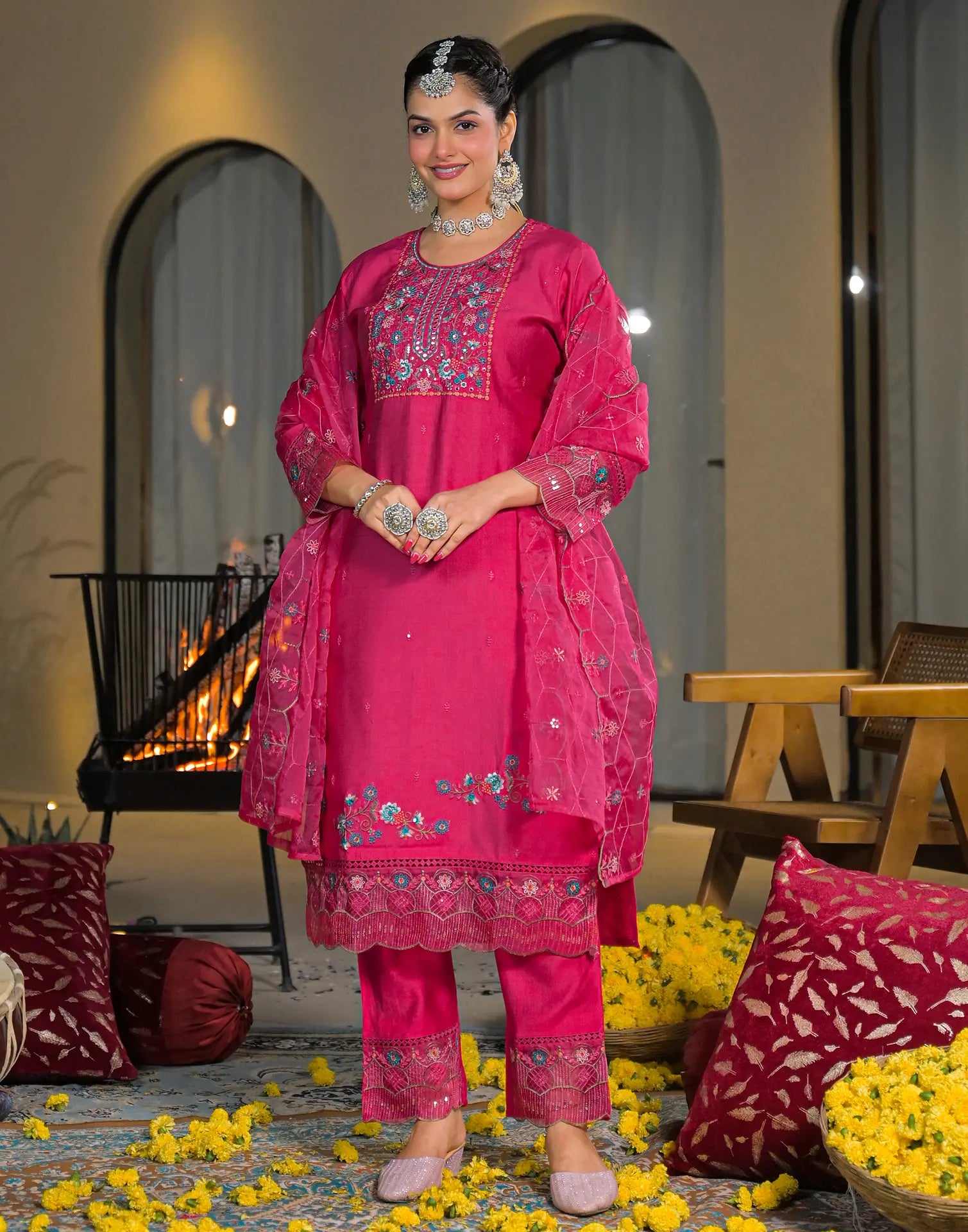 Skylee Chiffon Embroidered Straight 3 Piece Kurta Set For Woman