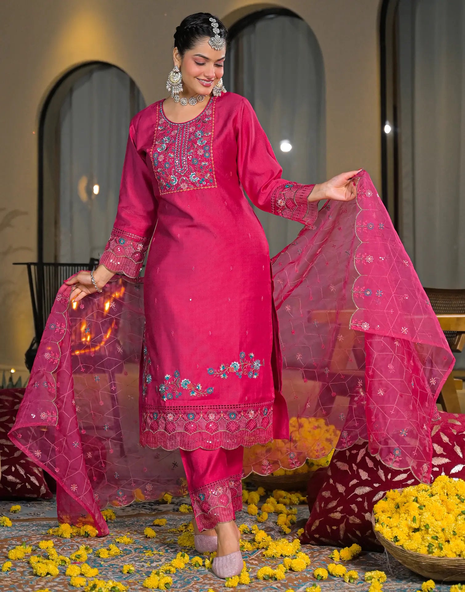 Skylee Chiffon Embroidered Straight 3 Piece Kurta Set For Woman