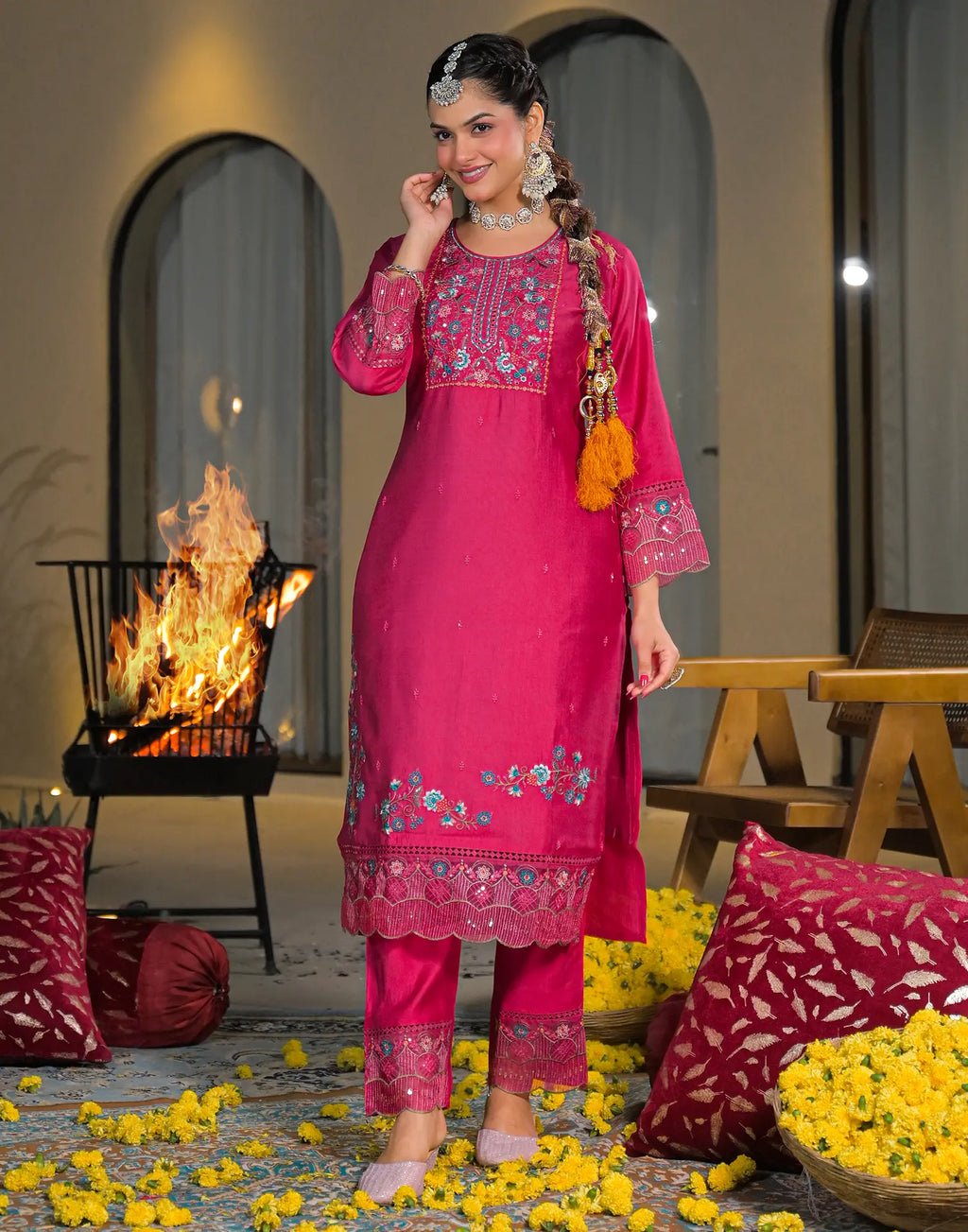 Skylee Chiffon Embroidered Straight 3 Piece Kurta Set For Woman