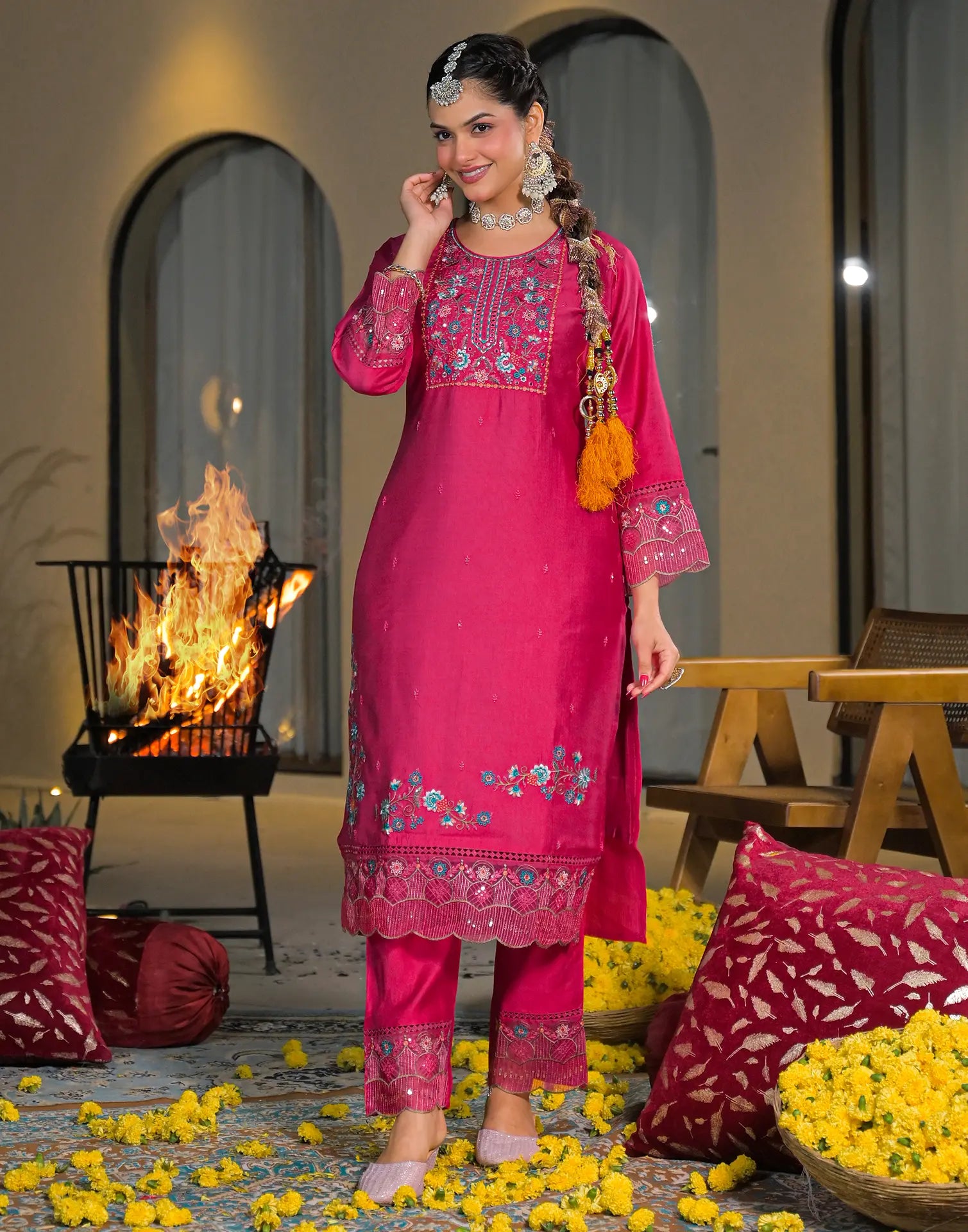 Skylee Chiffon Embroidered Straight 3 Piece Kurta Set For Woman