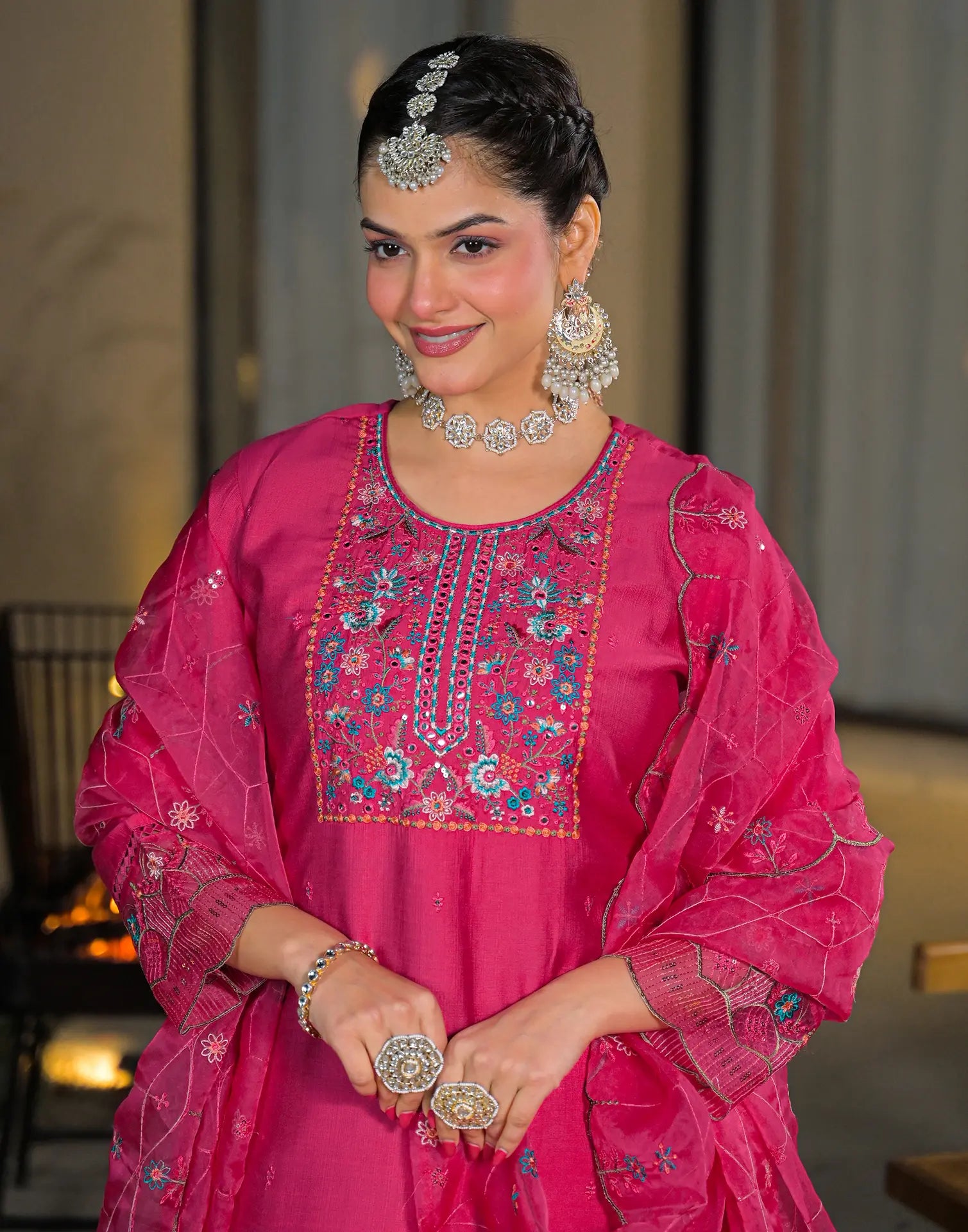 Skylee Chiffon Embroidered Straight 3 Piece Kurta Set For Woman