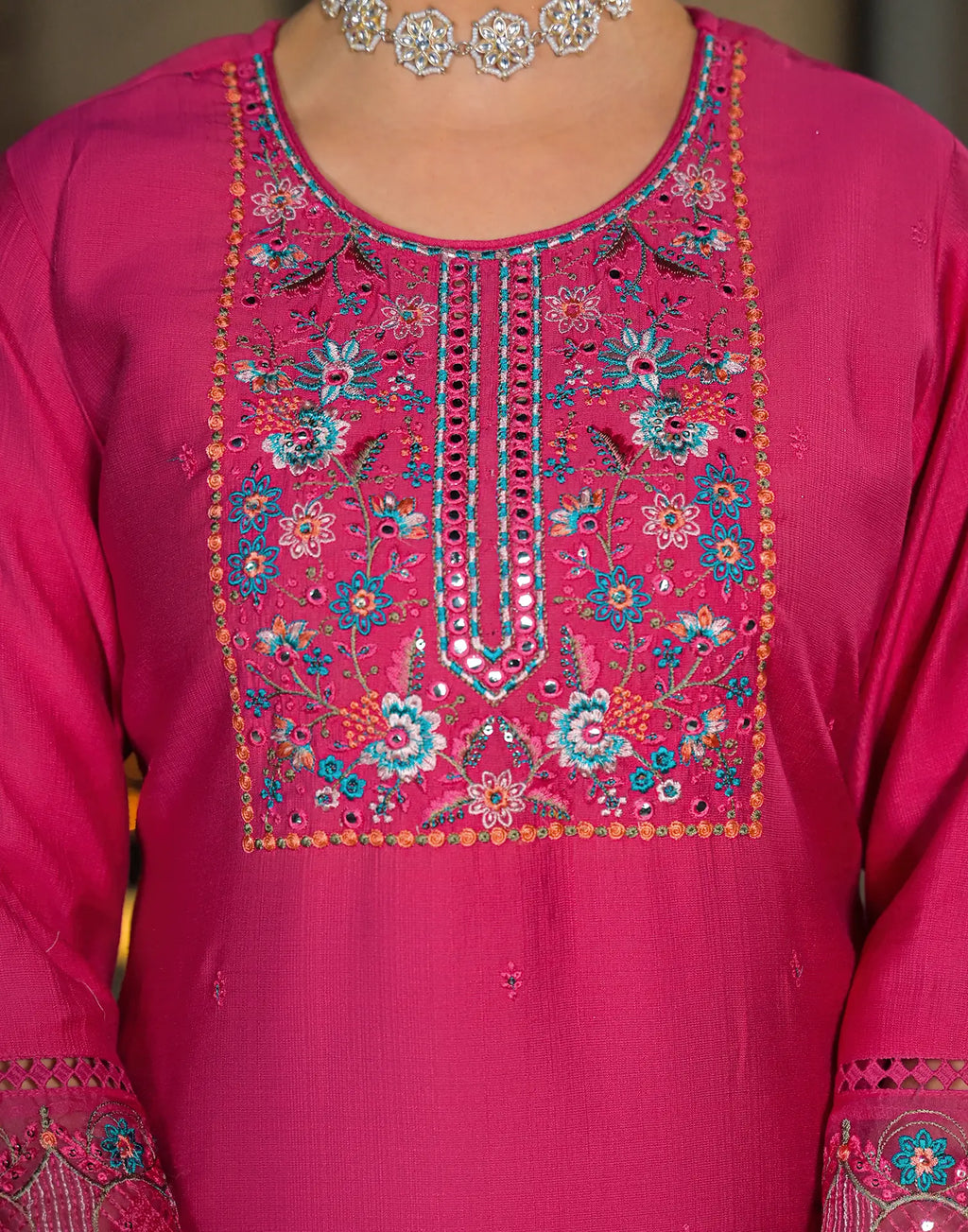 Skylee Chiffon Embroidered Straight 3 Piece Kurta Set For Woman