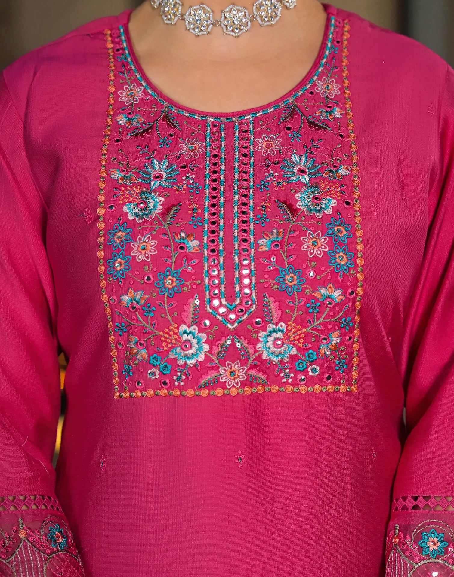 Skylee Chiffon Embroidered Straight 3 Piece Kurta Set For Woman