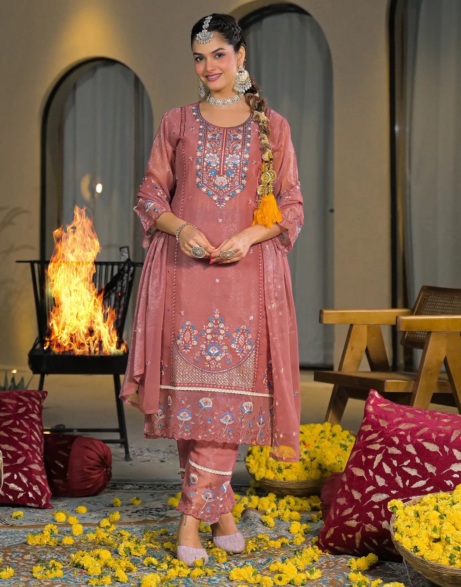 Skylee Chiffon Embroidered Straight 3 Piece Kurta Set For Woman