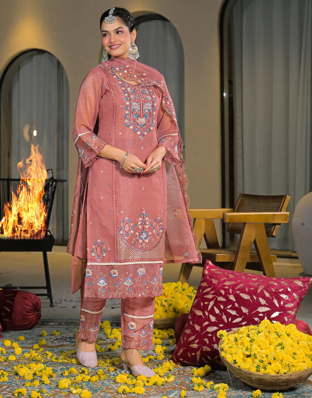 Skylee Chiffon Embroidered Straight 3 Piece Kurta Set For Woman