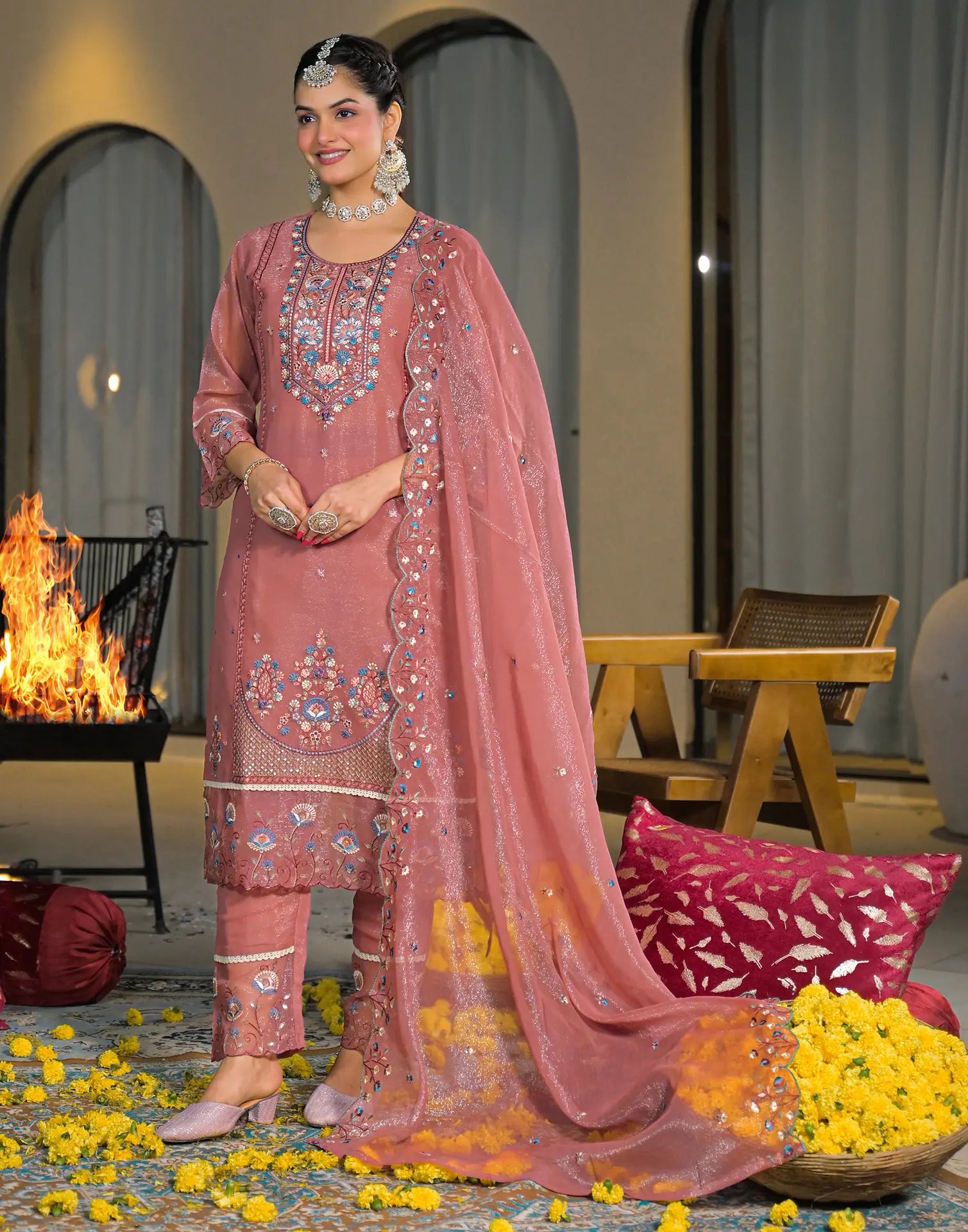 Skylee Chiffon Embroidered Straight 3 Piece Kurta Set For Woman