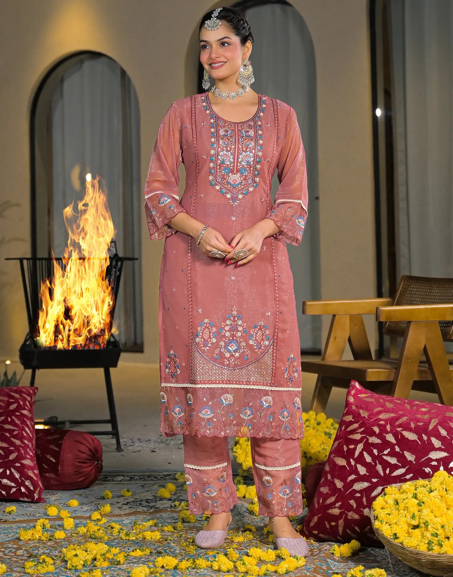 Skylee Chiffon Embroidered Straight 3 Piece Kurta Set For Woman