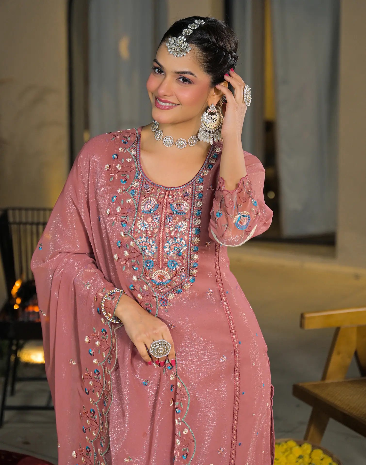 Skylee Chiffon Embroidered Straight 3 Piece Kurta Set For Woman
