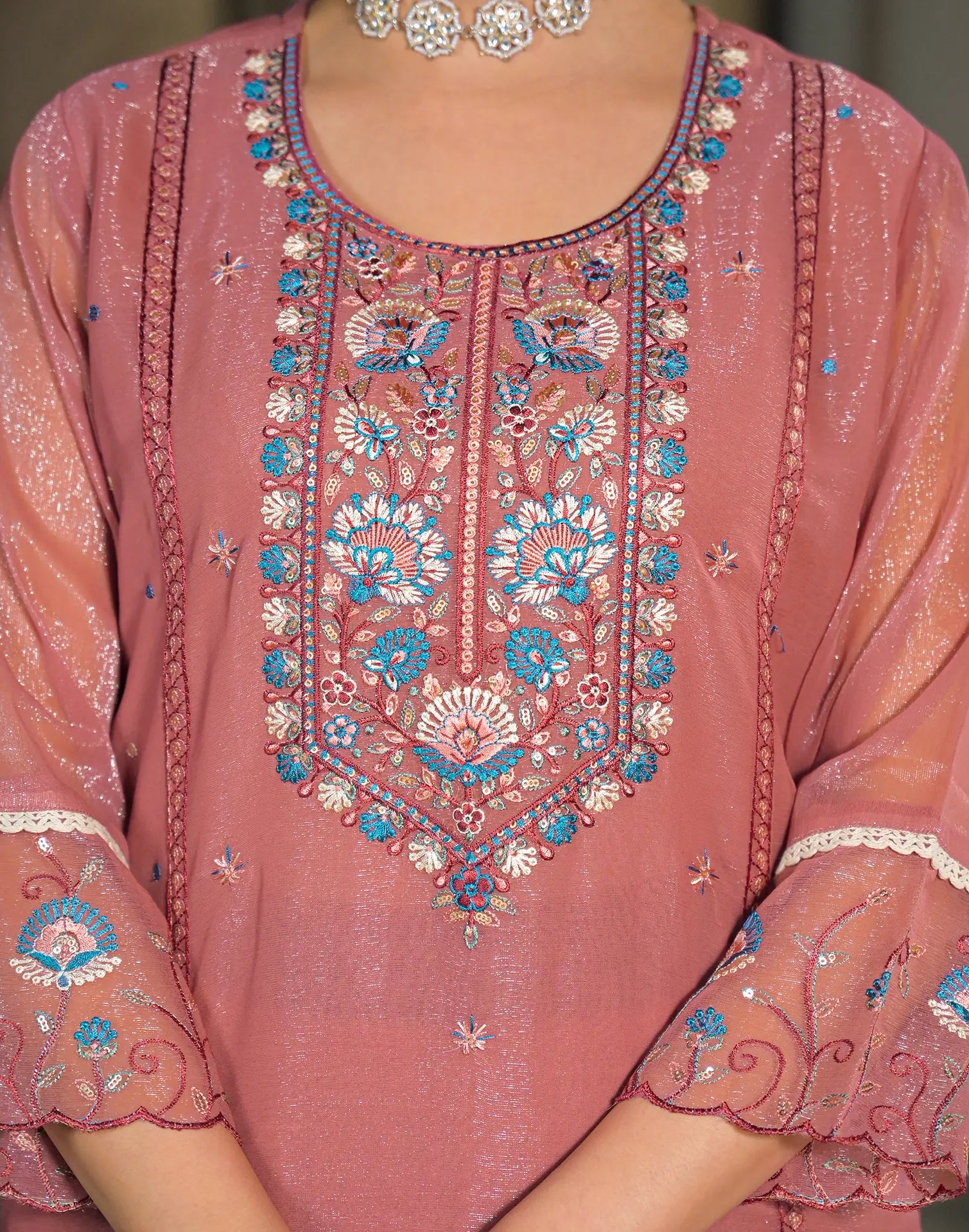 Skylee Chiffon Embroidered Straight 3 Piece Kurta Set For Woman