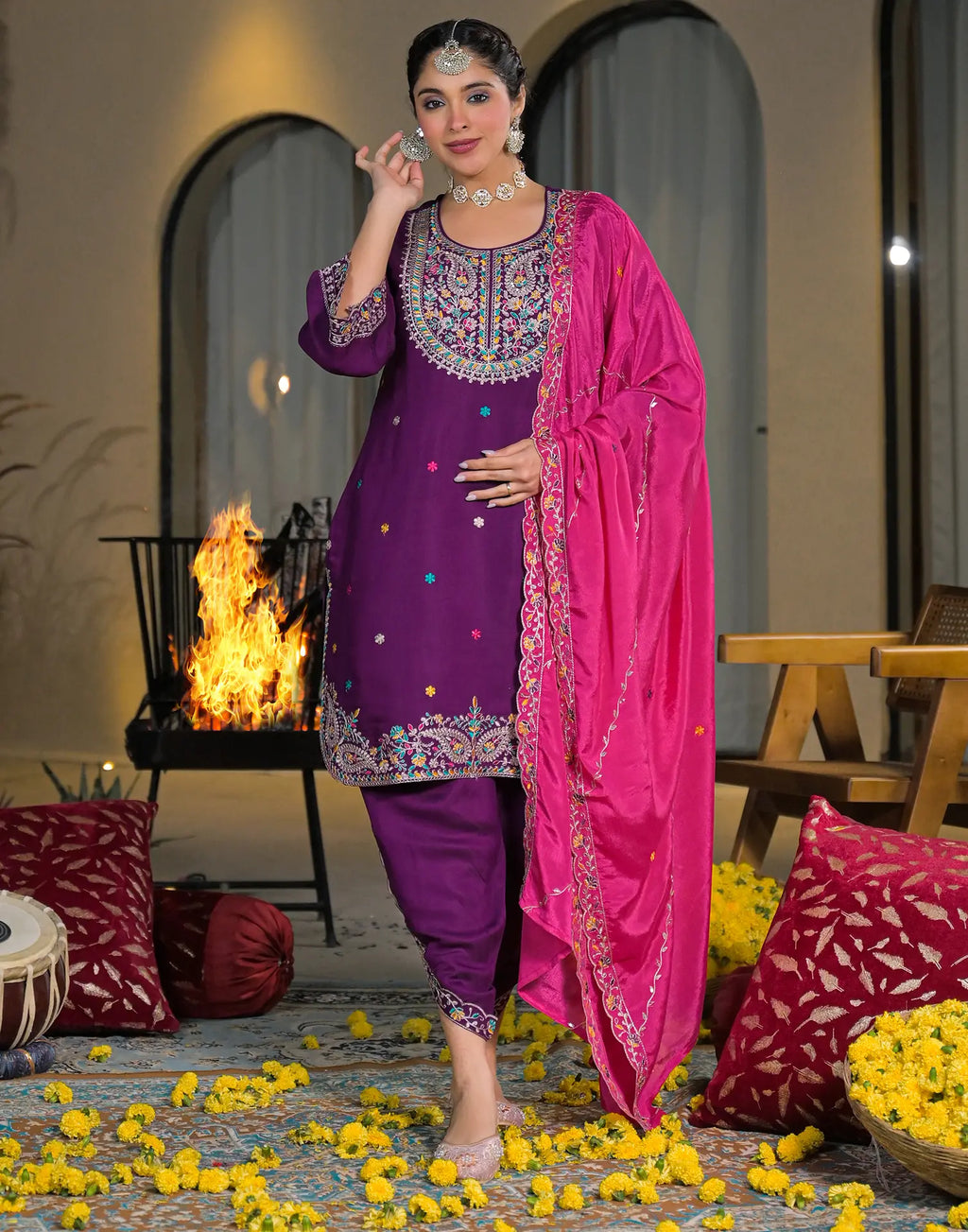 Skylee Silk Embroidered Straight 3 Piece Kurta Set For Woman