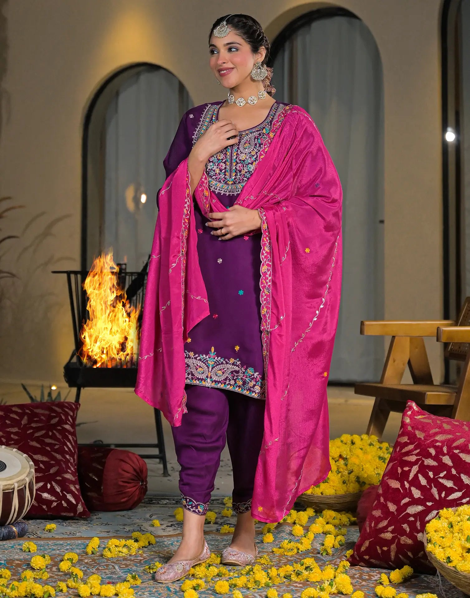 Skylee Silk Embroidered Straight 3 Piece Kurta Set For Woman