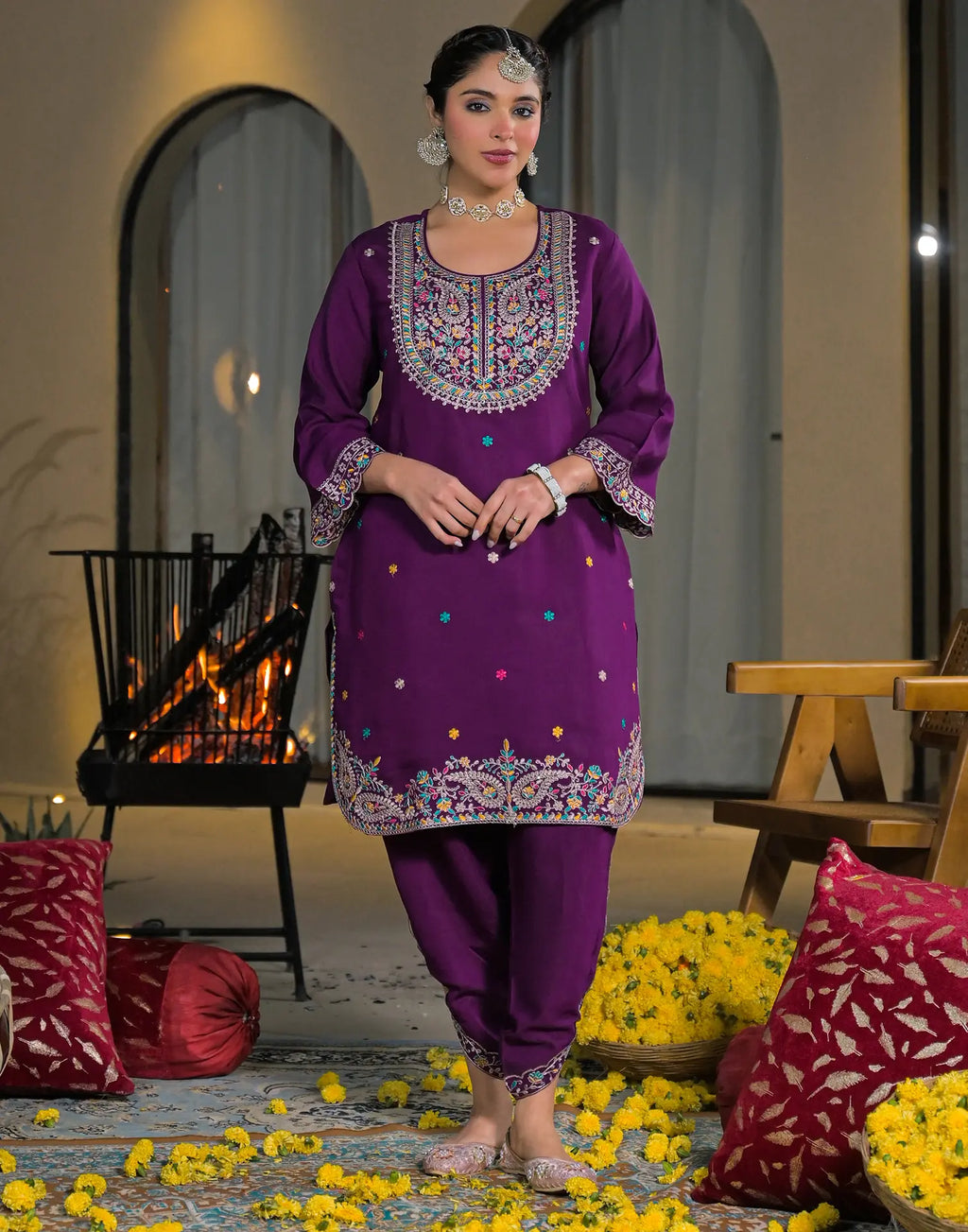 Skylee Silk Embroidered Straight 3 Piece Kurta Set For Woman