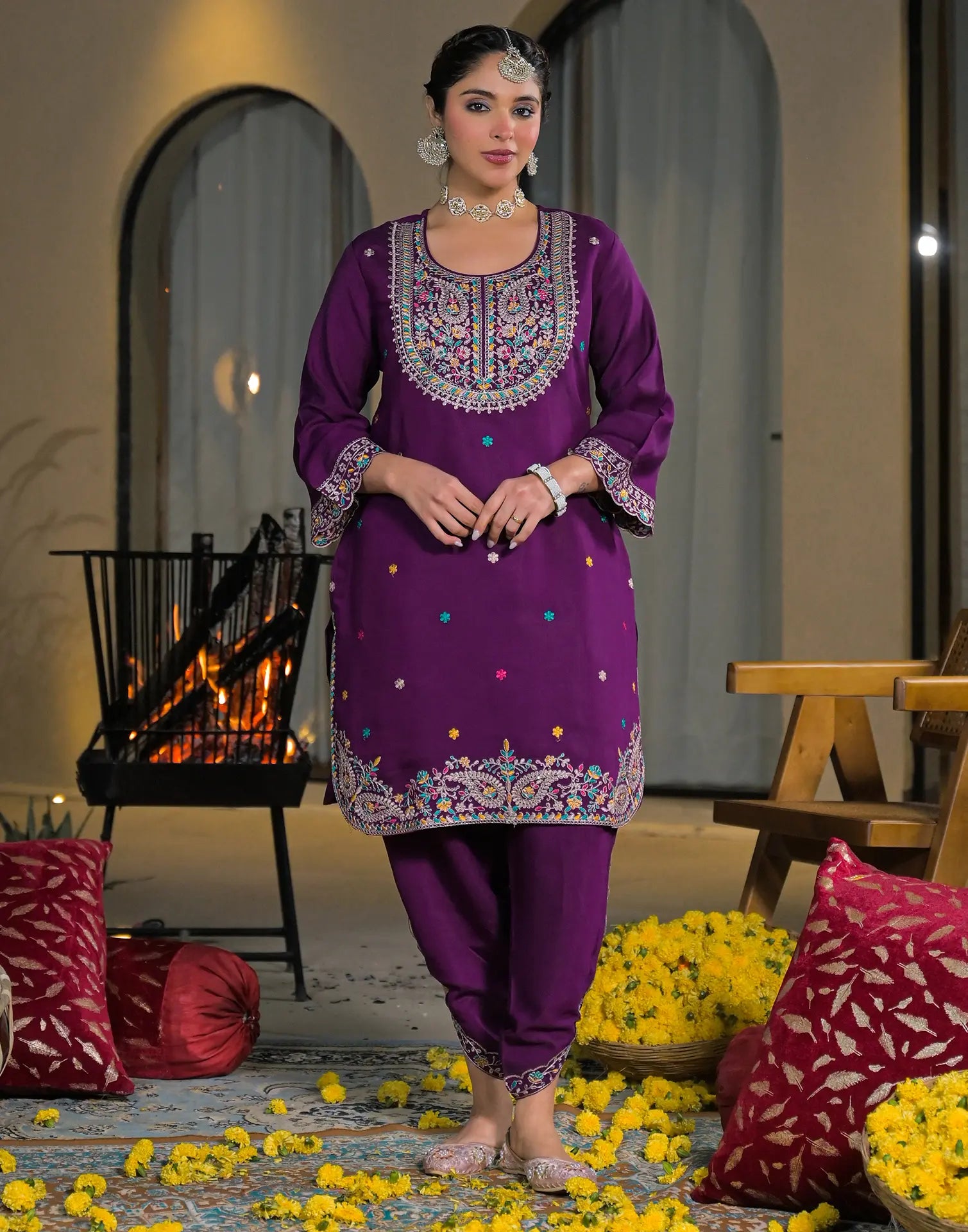 Skylee Silk Embroidered Straight 3 Piece Kurta Set For Woman