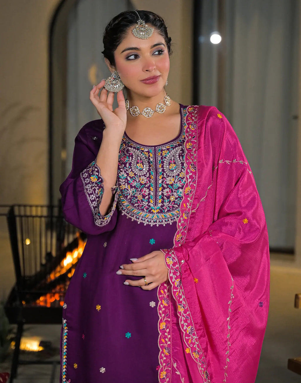 Skylee Silk Embroidered Straight 3 Piece Kurta Set For Woman