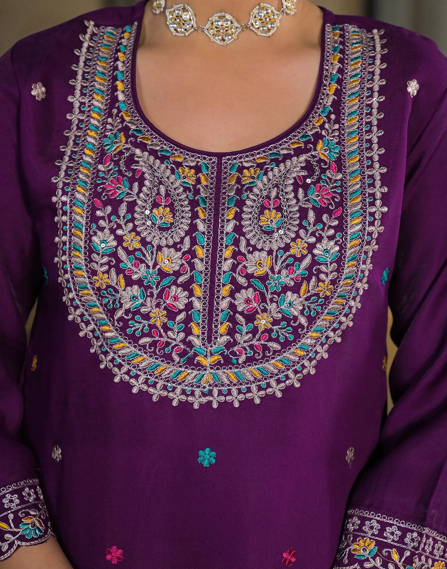 Skylee Silk Embroidered Straight 3 Piece Kurta Set For Woman
