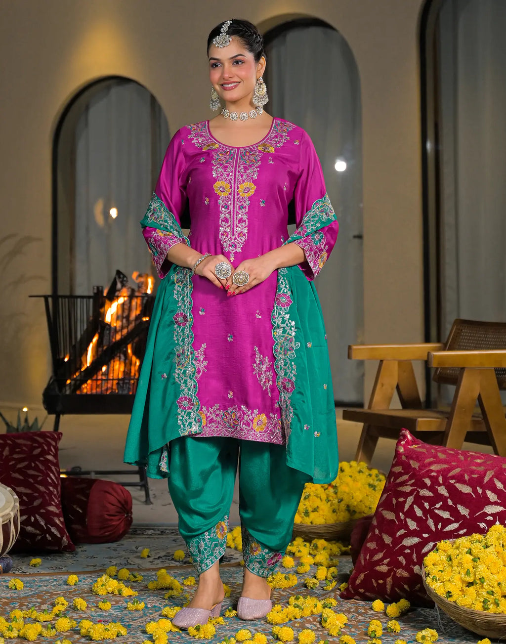 Skylee Silk Embroidered Straight 3 Piece Kurta Set For Woman