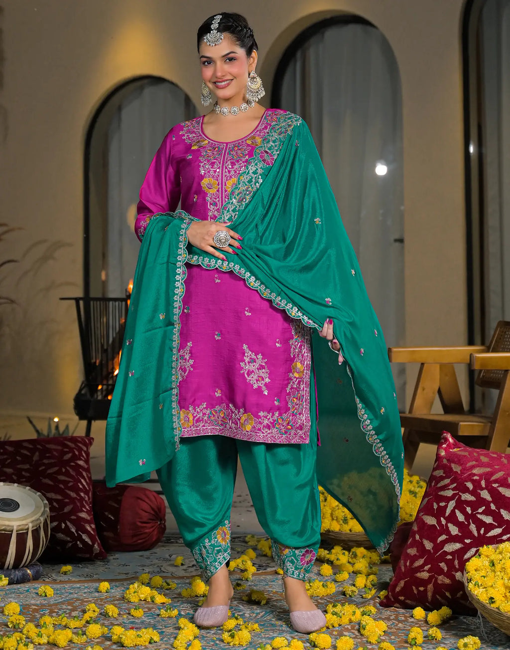 Skylee Silk Embroidered Straight 3 Piece Kurta Set For Woman