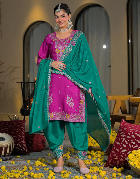 Silk Embroidered Straight 3 Piece Kurta Set