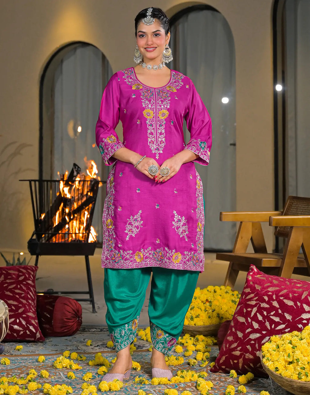 Skylee Silk Embroidered Straight 3 Piece Kurta Set For Woman