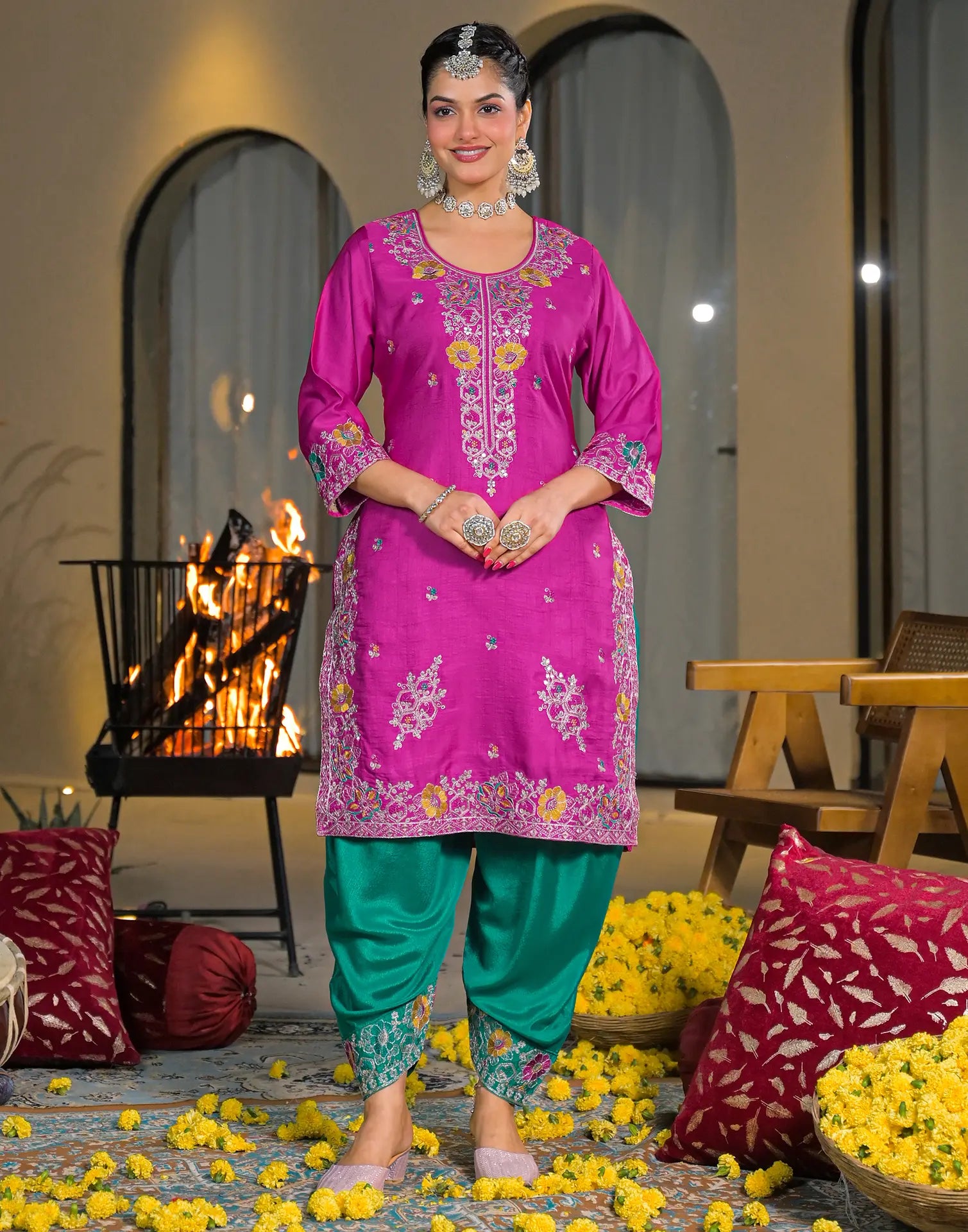 Skylee Silk Embroidered Straight 3 Piece Kurta Set For Woman