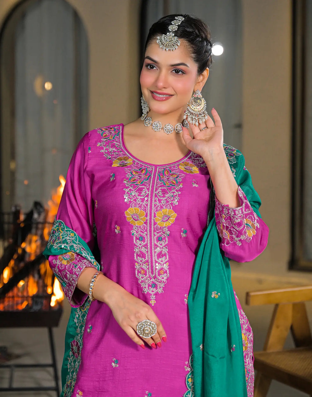 Skylee Silk Embroidered Straight 3 Piece Kurta Set For Woman