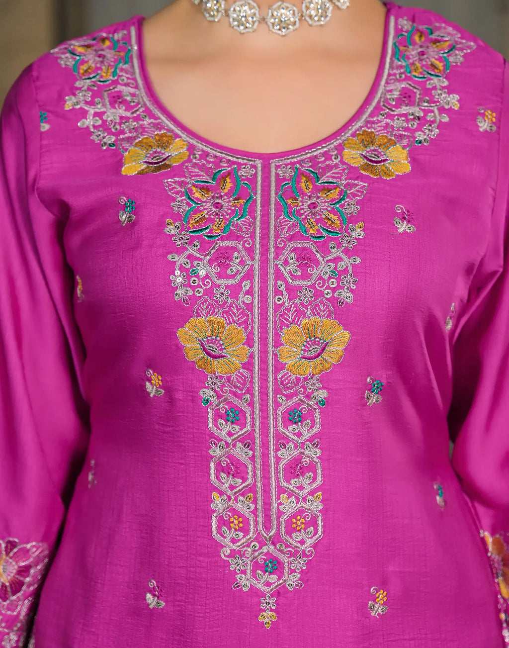 Skylee Silk Embroidered Straight 3 Piece Kurta Set For Woman