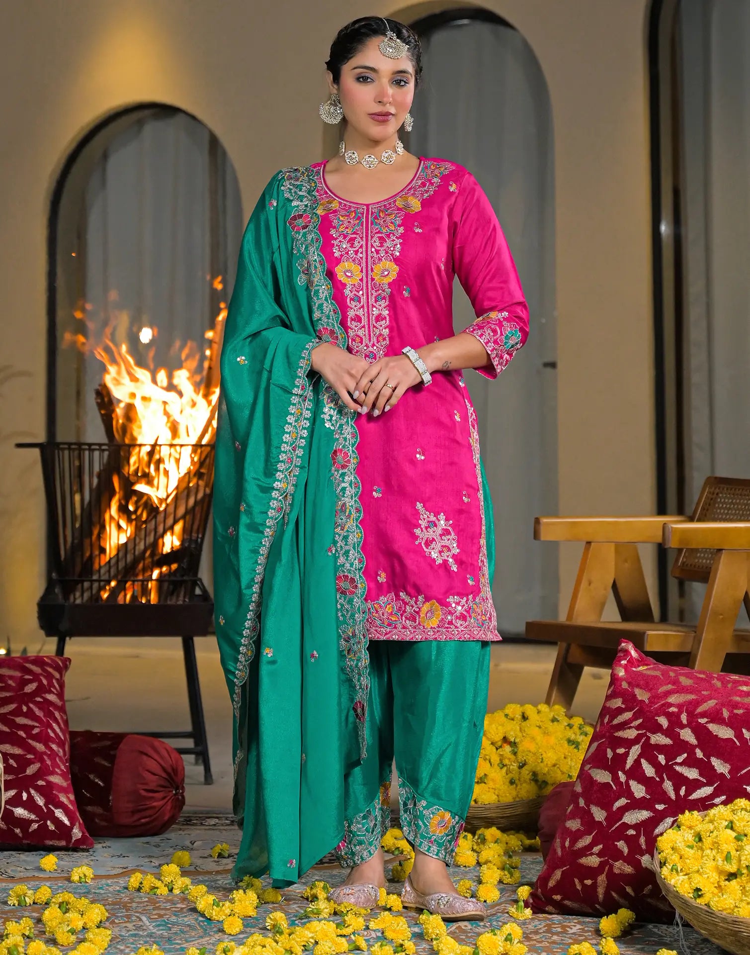 Skylee Silk Embroidered Straight 3 Piece Kurta Set For Woman
