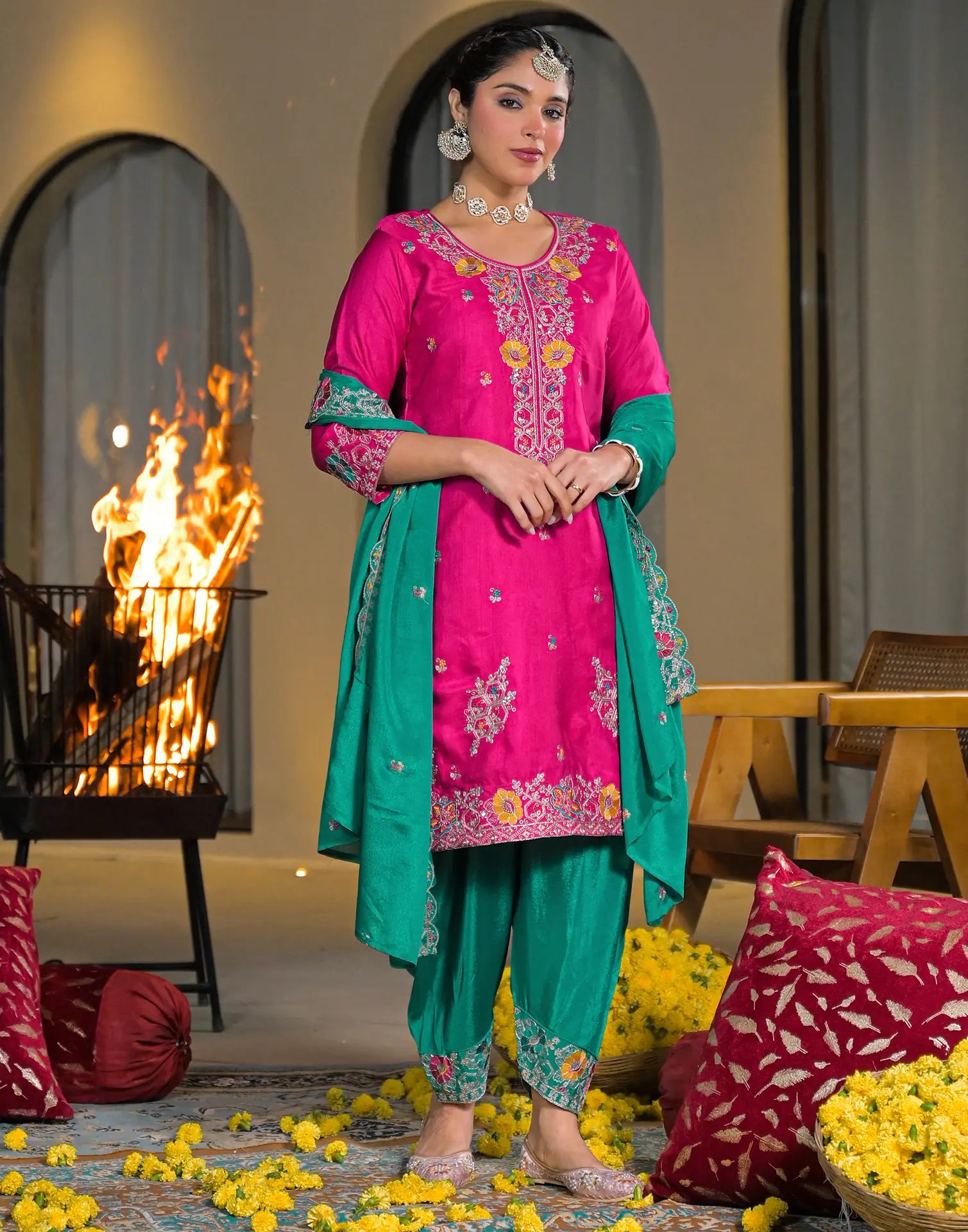 Skylee Silk Embroidered Straight 3 Piece Kurta Set For Woman