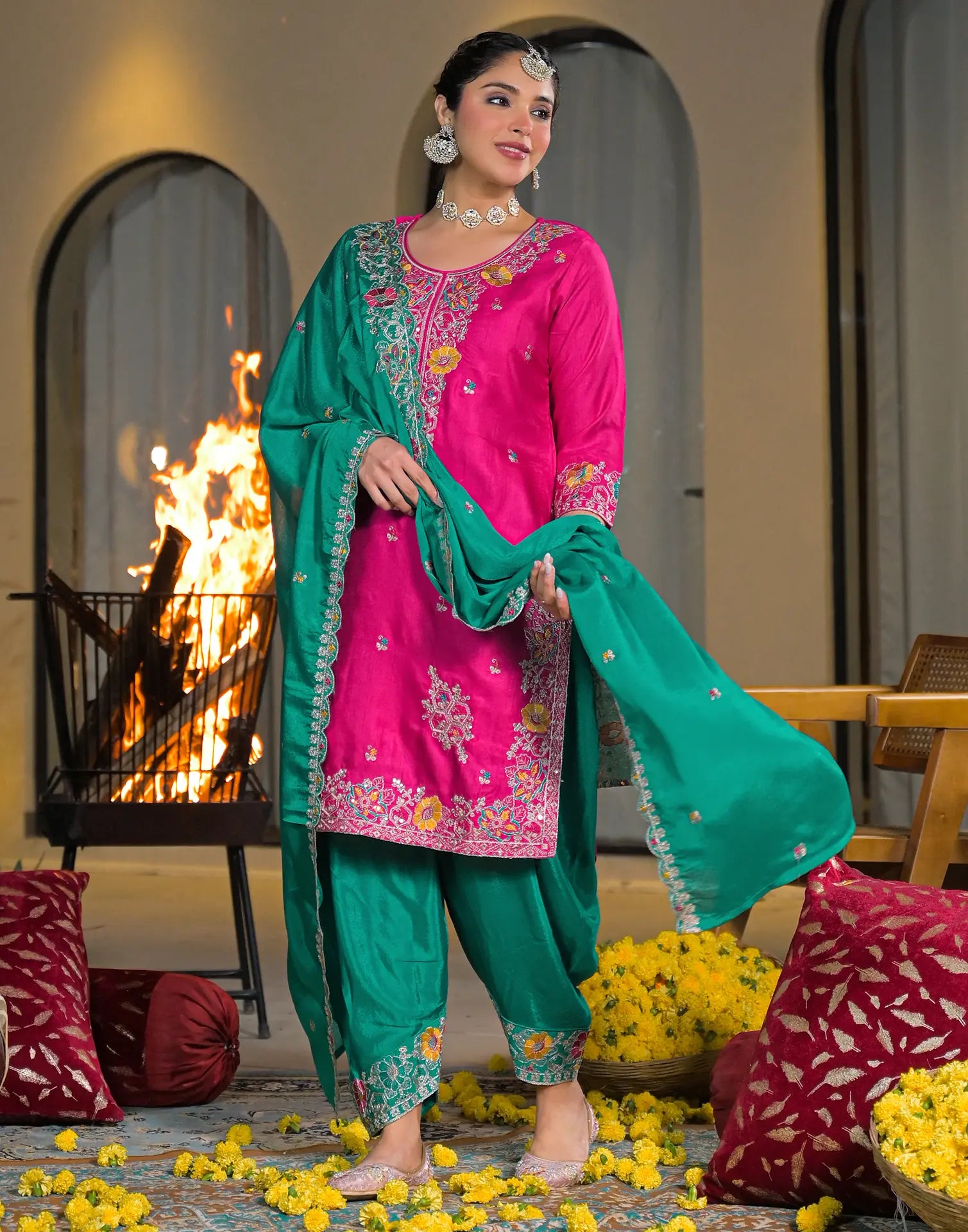 Skylee Silk Embroidered Straight 3 Piece Kurta Set For Woman
