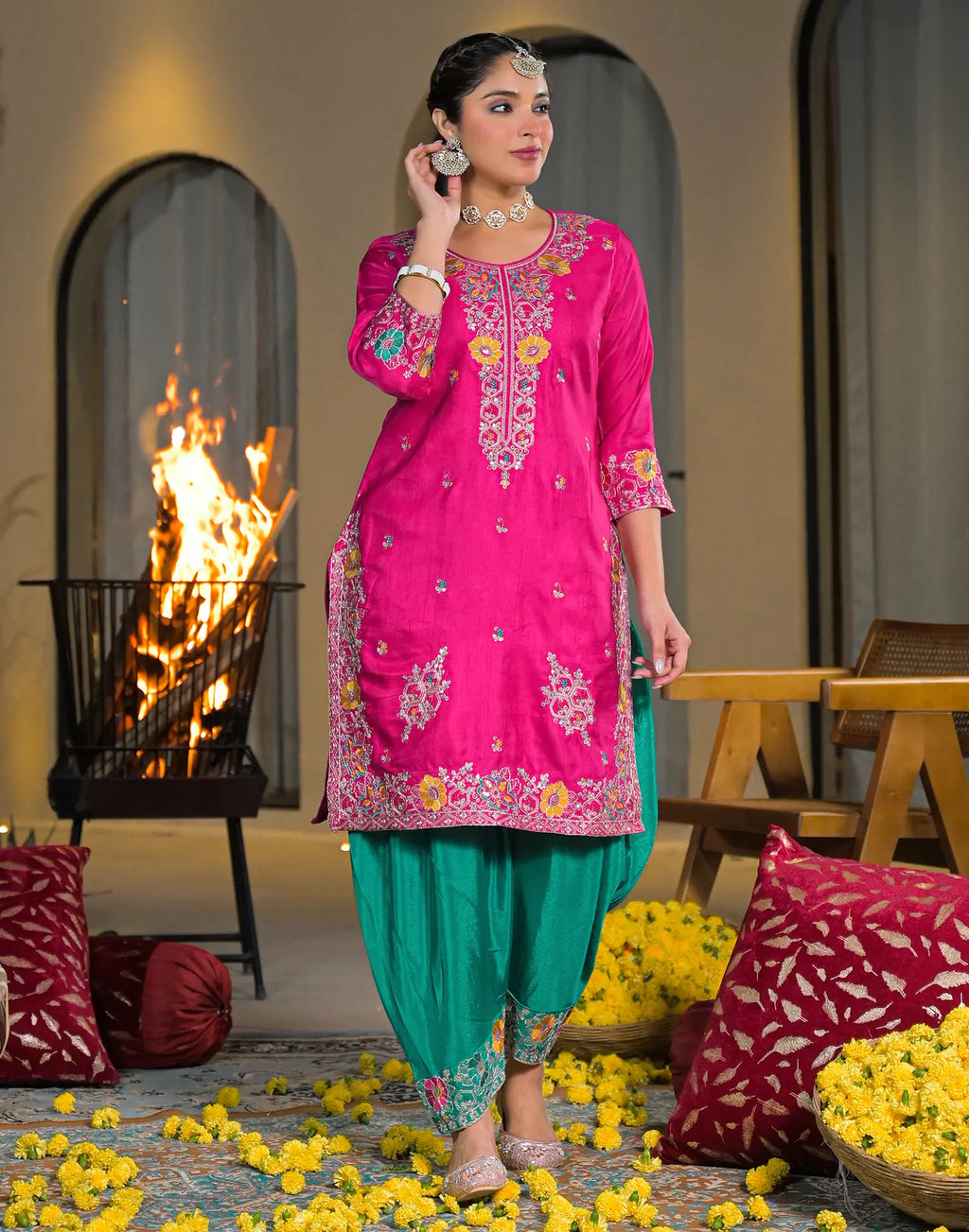 Skylee Silk Embroidered Straight 3 Piece Kurta Set For Woman