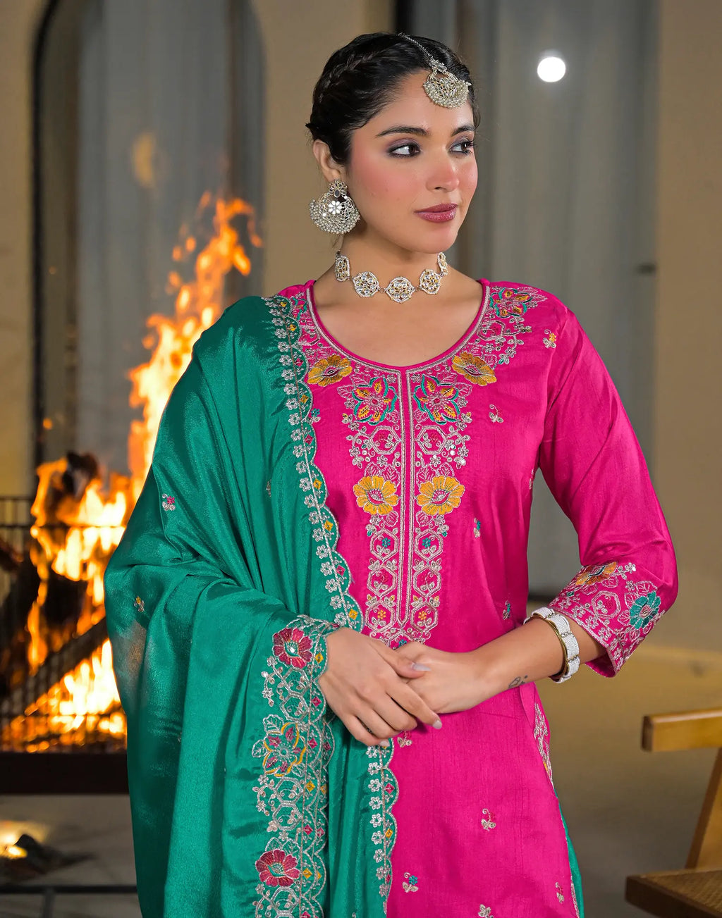 Skylee Silk Embroidered Straight 3 Piece Kurta Set For Woman