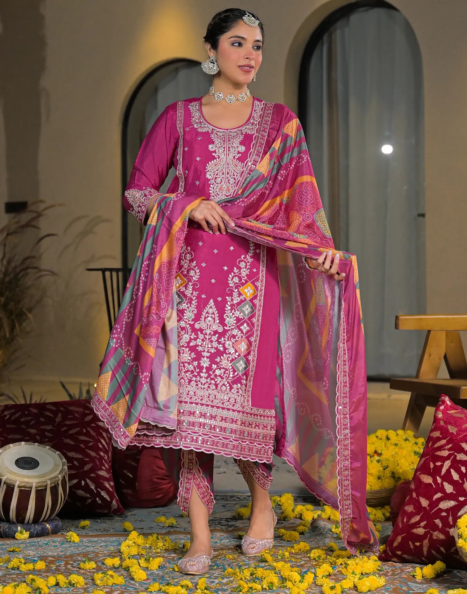 Skylee Chiffon Embroidered Straight 3 Piece Kurta Set For Woman