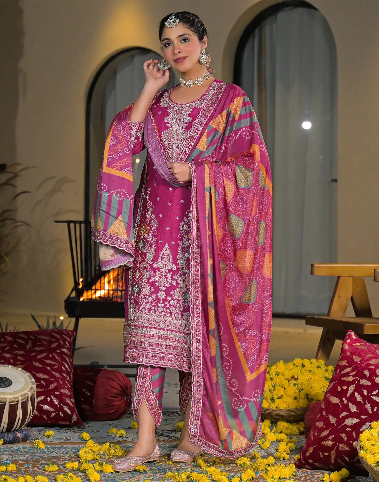 Skylee Chiffon Embroidered Straight 3 Piece Kurta Set For Woman