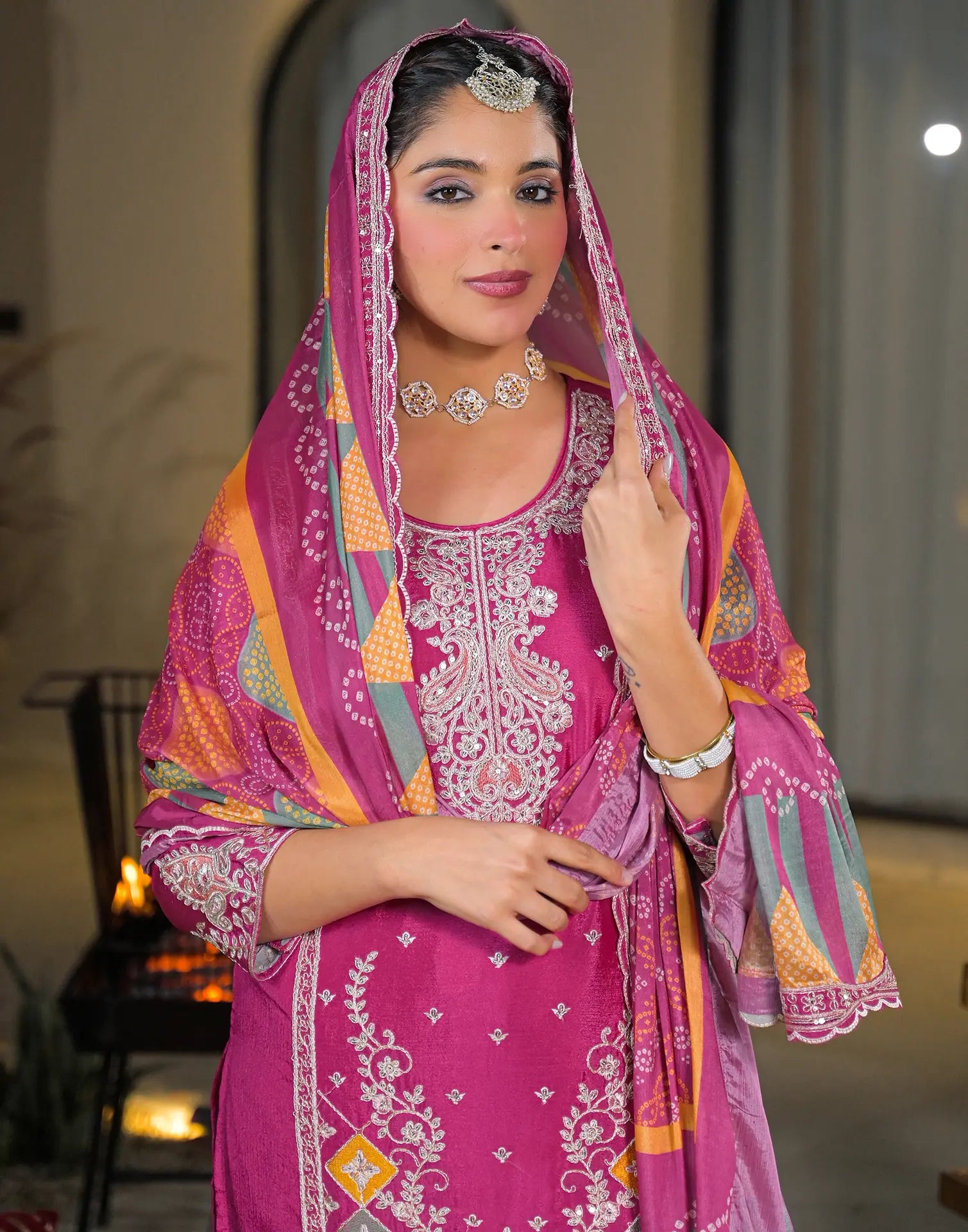 Skylee Chiffon Embroidered Straight 3 Piece Kurta Set For Woman